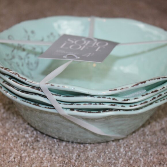 Soho Loft Melamine Bowls Cereal Soup Seafoam Lt Green Brown Rustic Set of 4 NWT - Picture 5 of 6